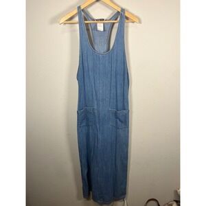 Vintage Subtle Denim Pinafore Dress Racerback Pockets Made in USA Size 12